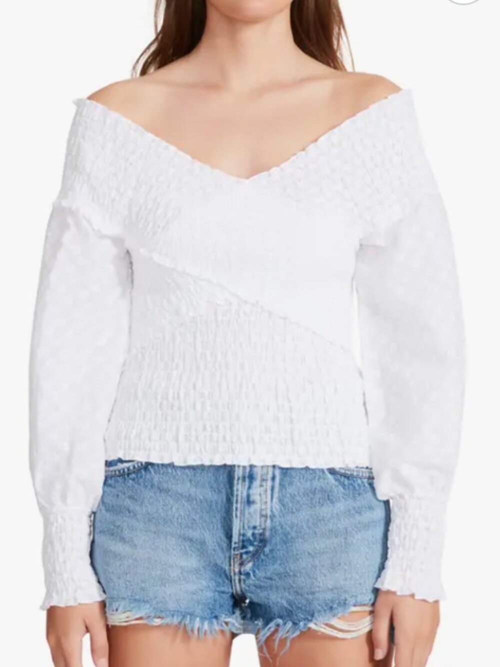 BB Dakota Steve Madden Women’s (S) White Floral Ruched Off the Shoulder Top NWT - Picture 2 of 2